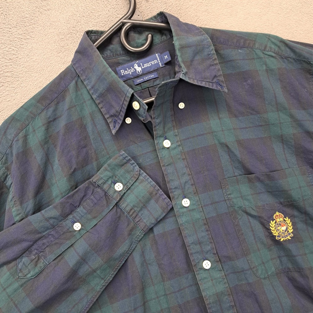 Ralph Lauren Button Down Shirt Black Watch Plaid Embroidered Crest Mens Medium